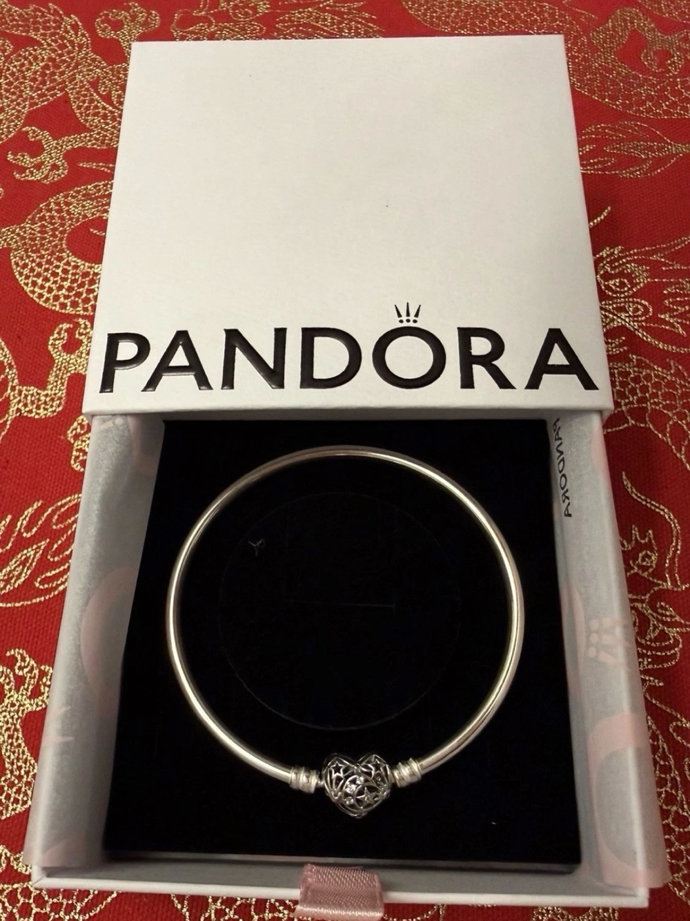 Pandora Silver Heart Clasp Bangle Bracelet